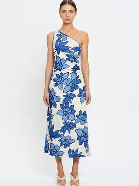 Kivari Marnie Midi Dress One-Shoulder Blue Floral, US4